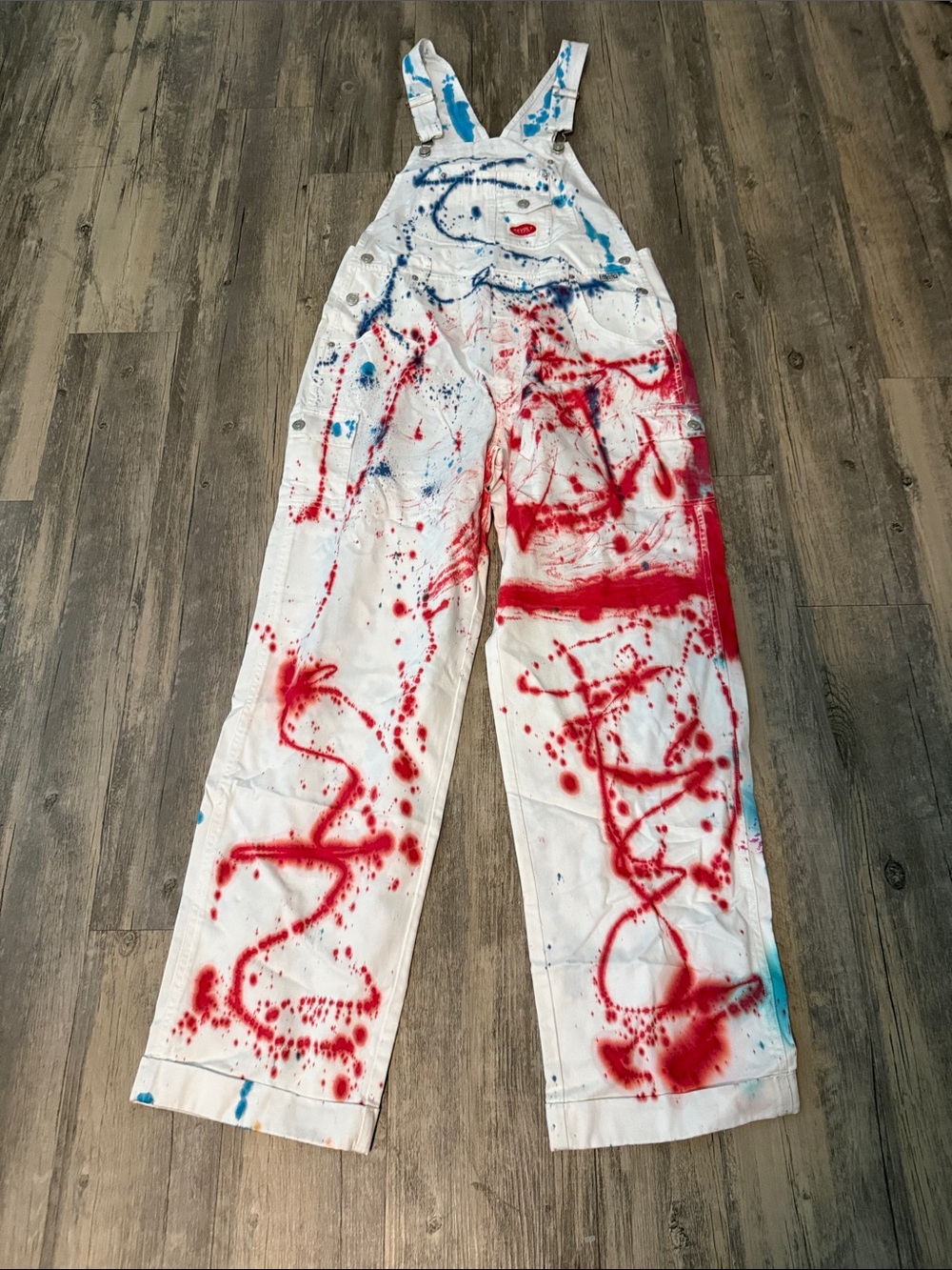 White Paint-Splatter Women's Overalls Jumpsuit with Red & Blue Detail